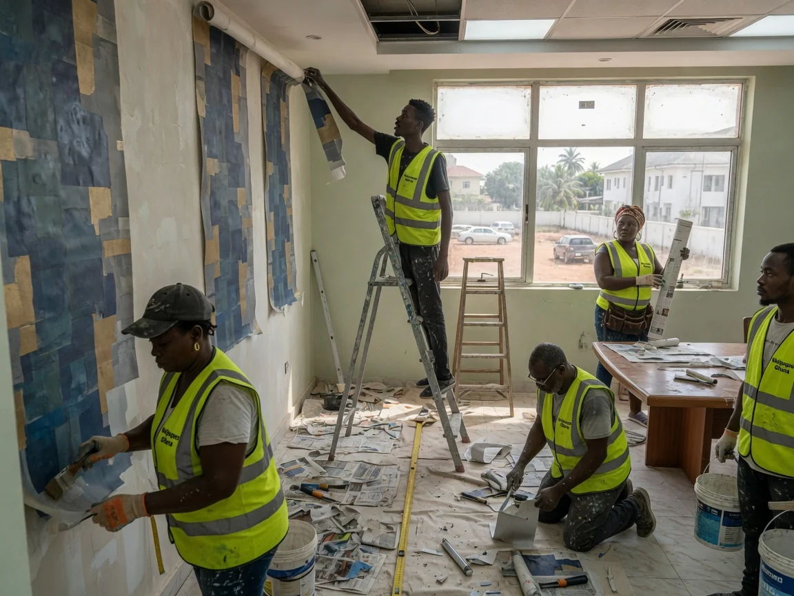Acoustic-backed boardroom wallcovering in a meeting room, Airport Residential Accra — Wallpapers Ghana