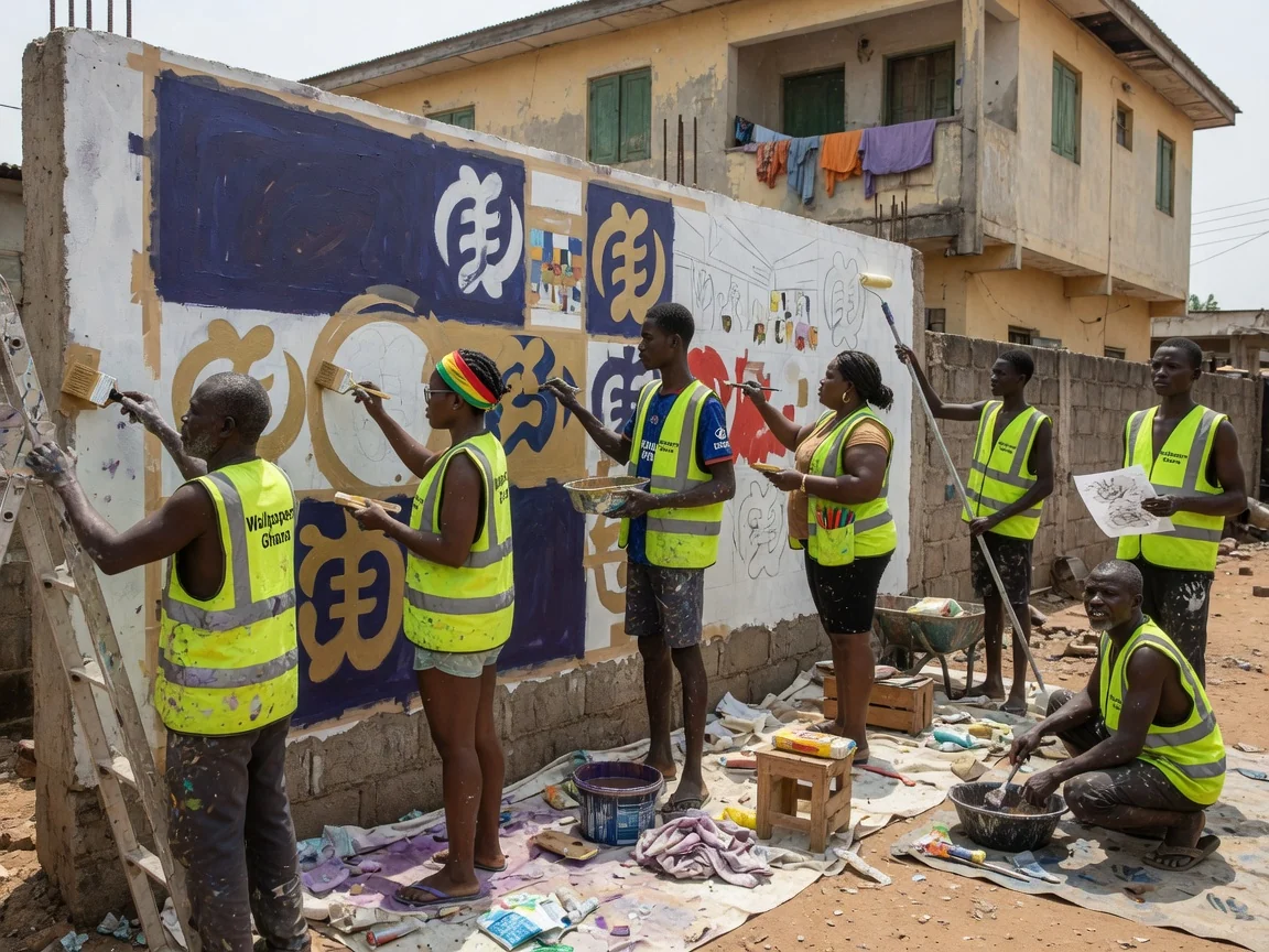 Hand-painted mural installation in Accra — artist painting bespoke mural on site cantonments wallpapersghana, Accra Ghana