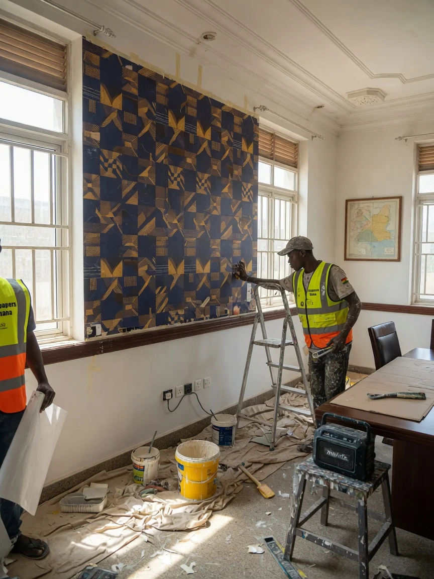 Corporate boardroom wallpaper installation in Accra — brand aligned reception feature wall corporate office cantonments wallpapersghana, Accra Ghana