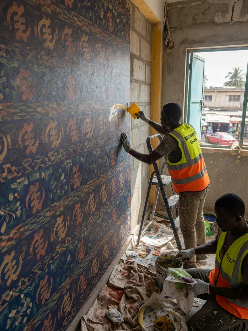 Bespoke digital print wallcovering installation in Accra — custom scaled pattern mural print closeup east legon wallpapersghana, Accra Ghana
