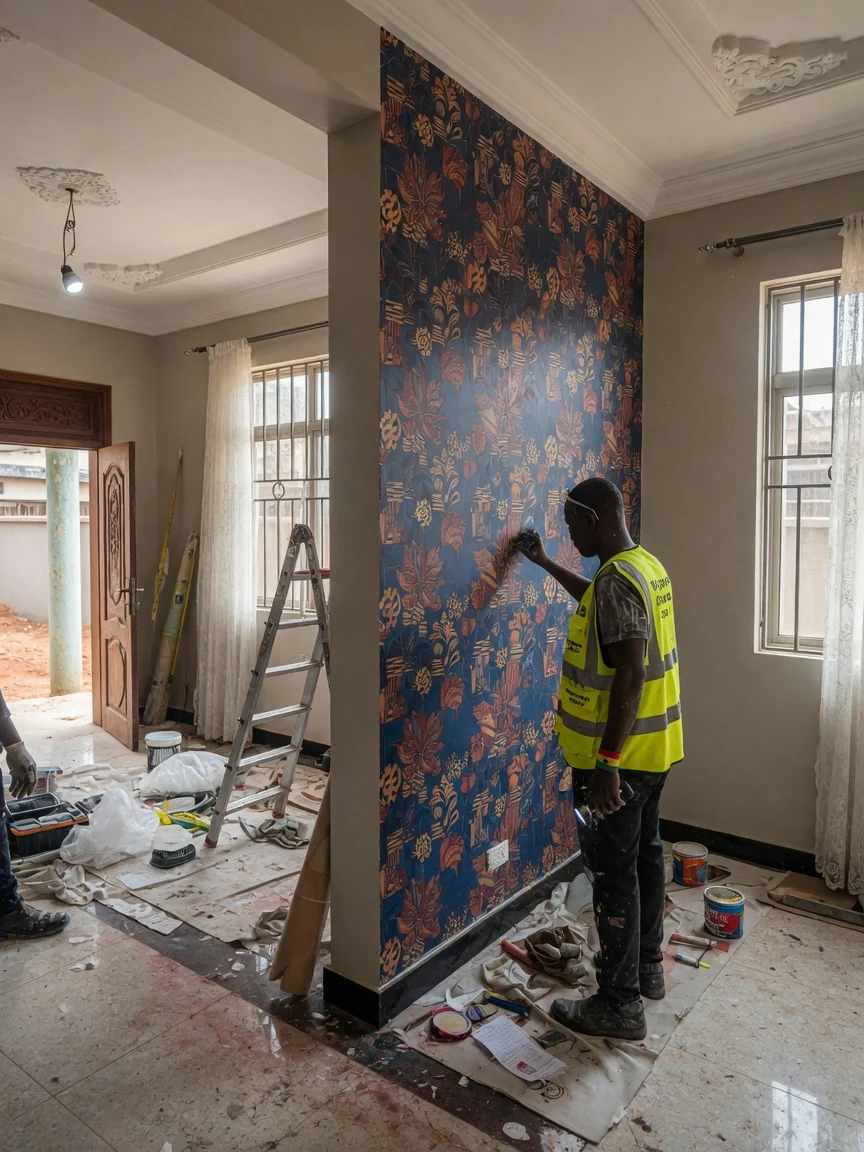 Hospitality wallpaper installation in Accra — digital print mural restaurant feature wall wallpapersghana, Accra Ghana