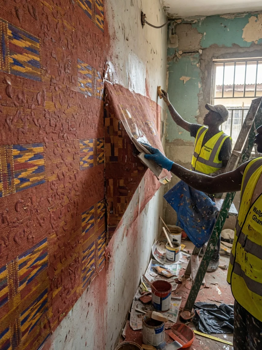Grasscloth natural-fibre wallcovering detail in a premium East Legon interior, Accra — Wallpapers Ghana