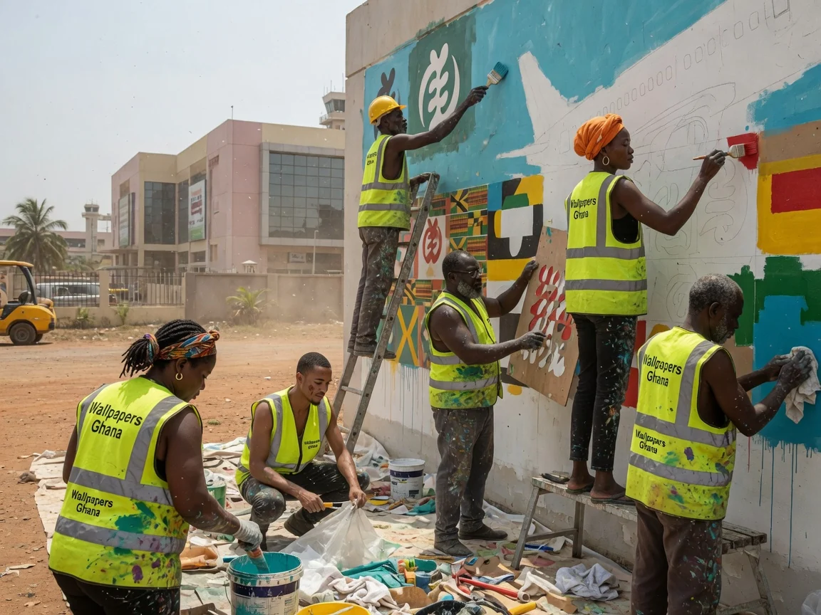 Hand-painted mural installation in Accra — hand painted brand logo reception wall airport city wallpapersghana, Accra Ghana