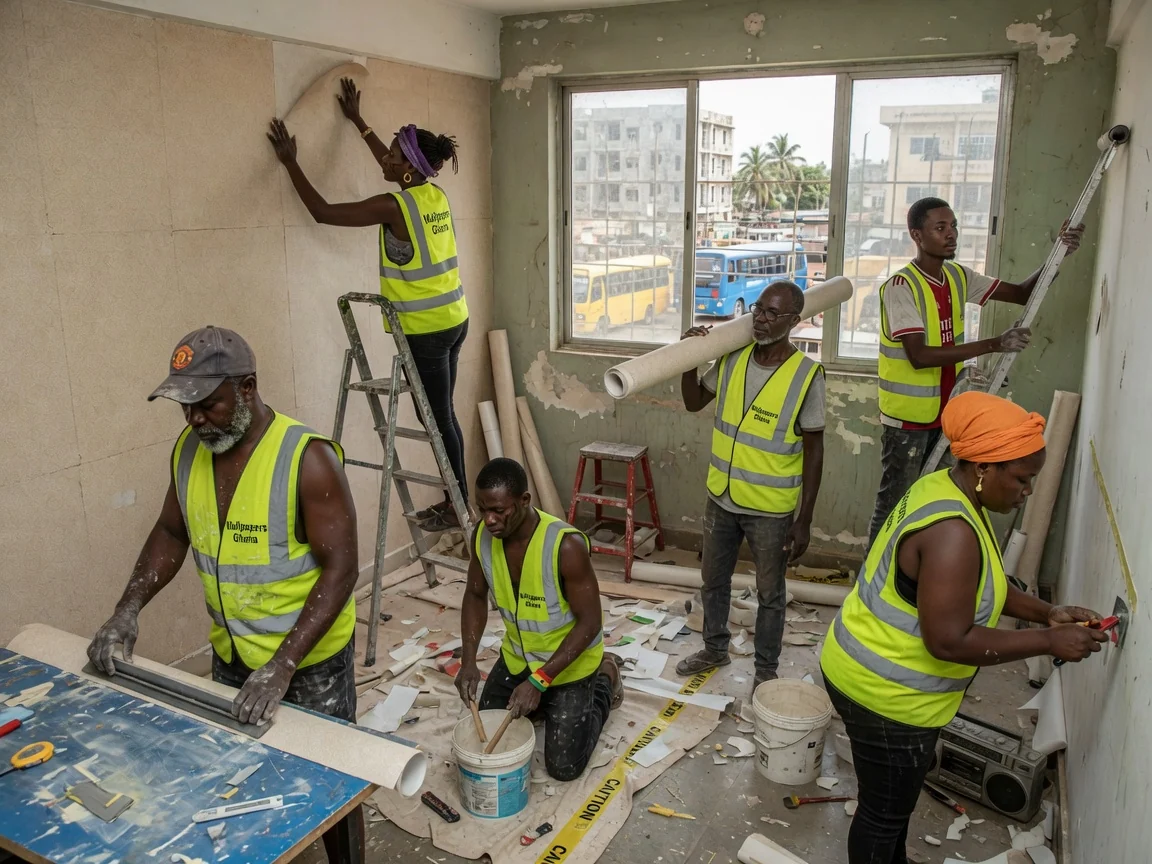 Commercial vinyl wallcovering installation in Accra — heavy duty type two vinyl wallcovering office reception ridge accra wallpapersghana, Accra Ghana