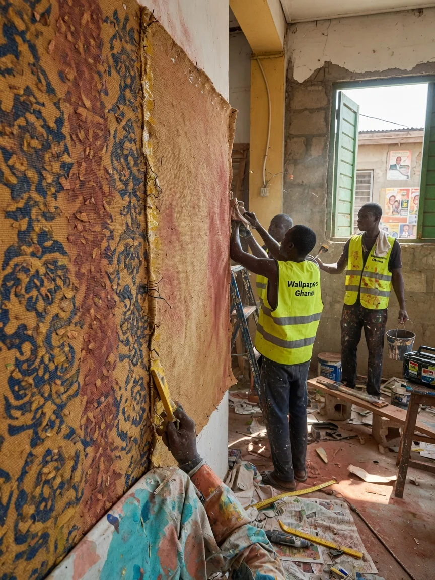 Textile and fabric wallcovering installation in Accra — linen weave wallcovering bedroom finish closeup wallpapersghana, Accra Ghana