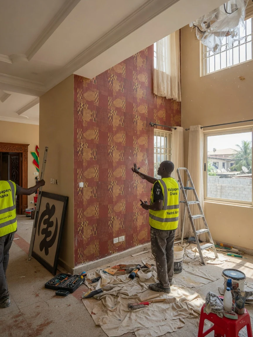 Residential wallpaper installation in Accra — non woven feature wall living room east legon wallpapersghana, Accra Ghana