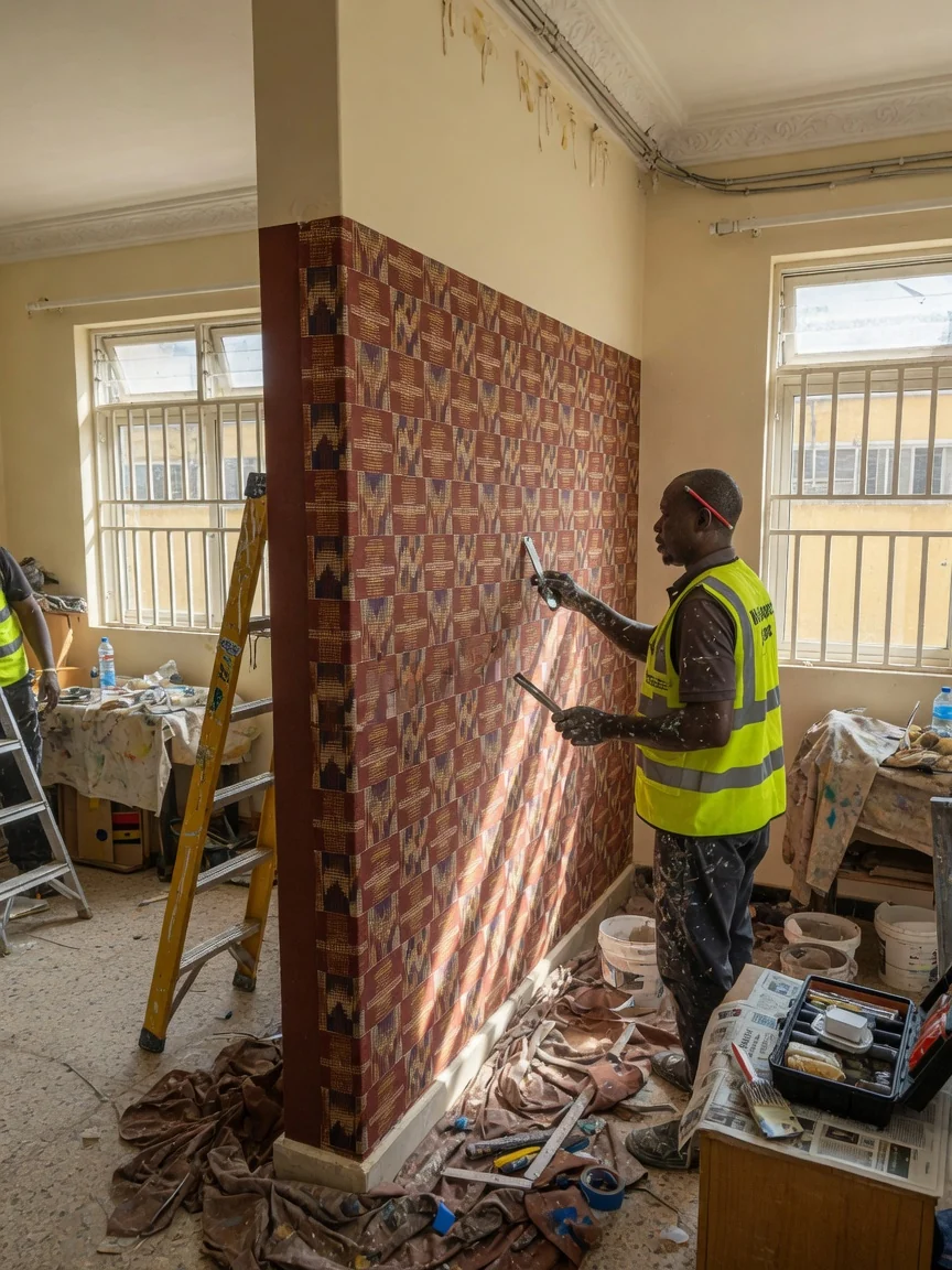 Textile and fabric wallcovering installation in Accra — silk textile wallcovering feature wall ridge accra wallpapersghana, Accra Ghana