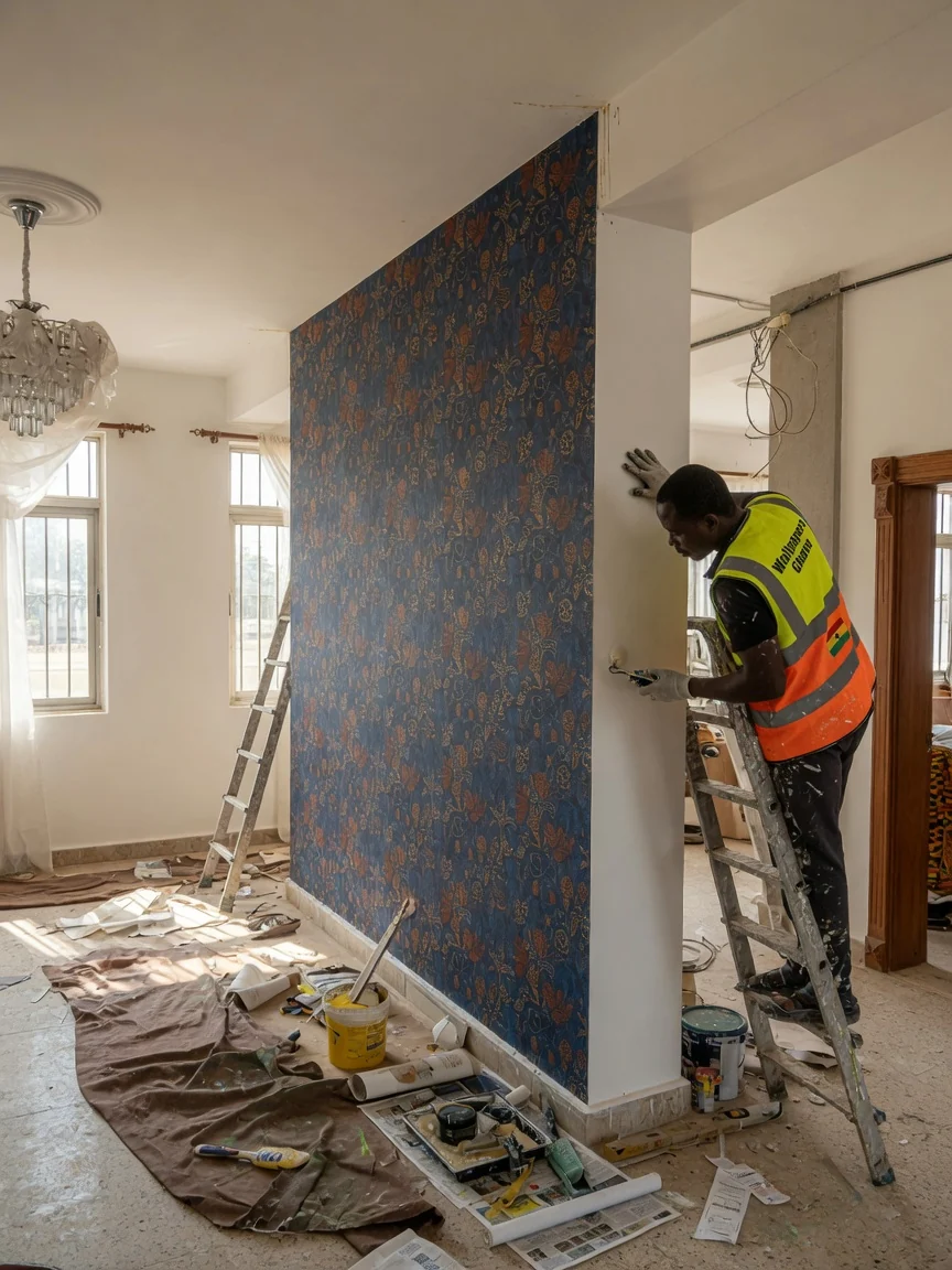 Hospitality wallpaper installation in Accra — textile feature wall hotel lounge cantonments wallpapersghana, Accra Ghana