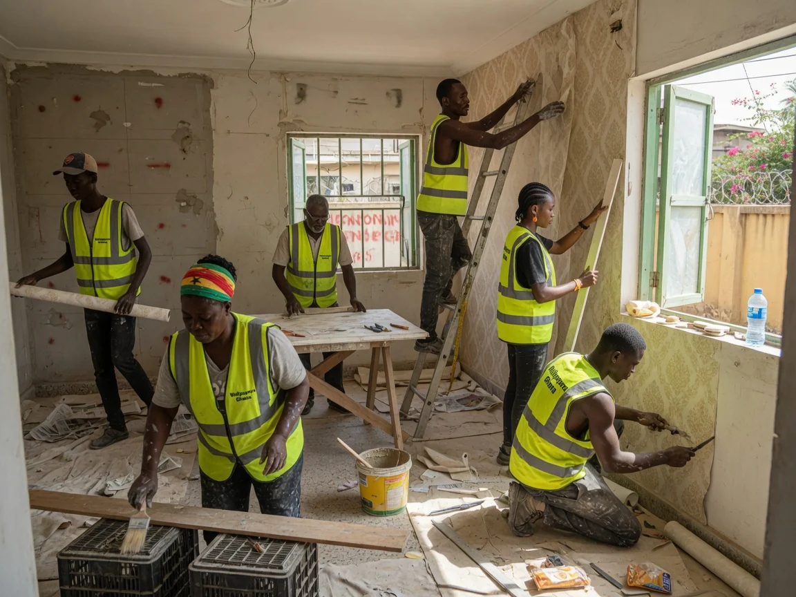 Residential wallpaper installation in Accra — textile grasscloth master bedroom cantonments wallpapersghana, Accra Ghana