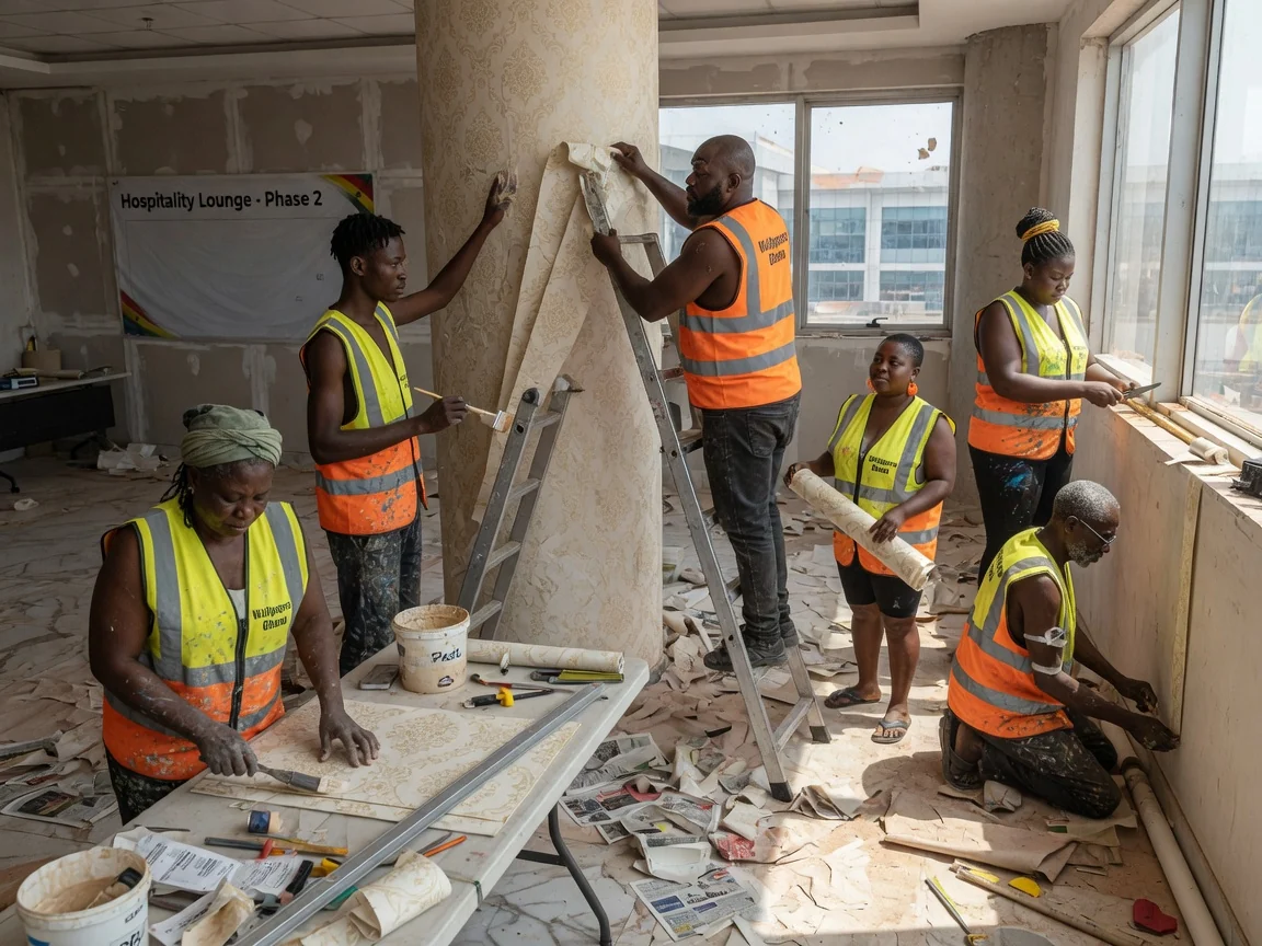 Hospitality wallpaper installation in Accra — vinyl wallcovering hotel corridor airport city wallpapersghana, Accra Ghana