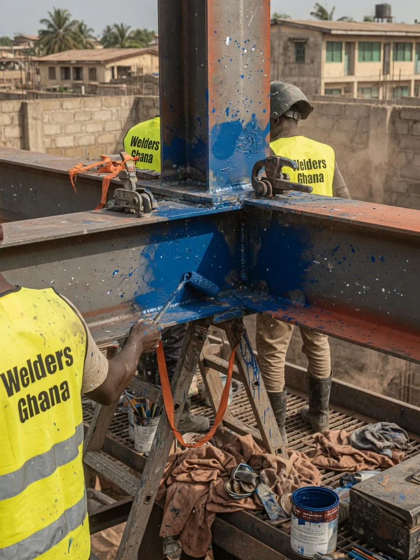 Structural steel welding and erection in Greater Accra — structural steel connection gusset base plate weld detail weldersghana, Accra Ghana