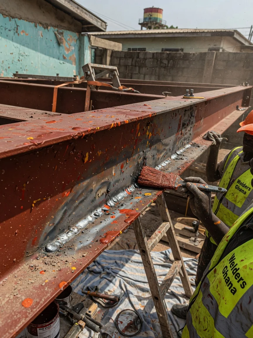 Structural steel welding and erection in Greater Accra — welded steel roof truss portal frame erection detail accra weldersghana, Accra Ghana